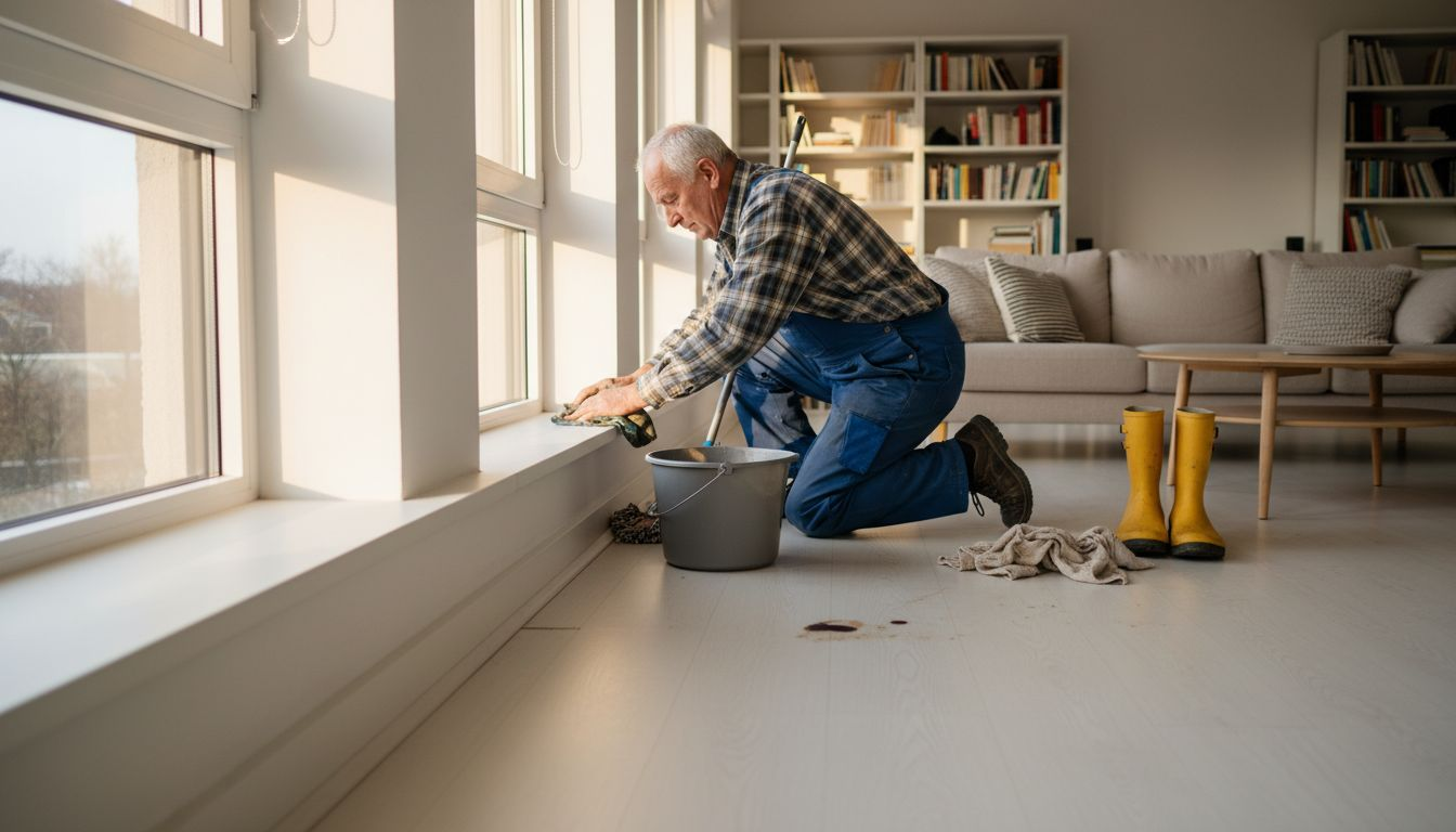 Ein Mann kümmert sich liebevoll um seinen nordischen Holzboden im Wohnzimmer.