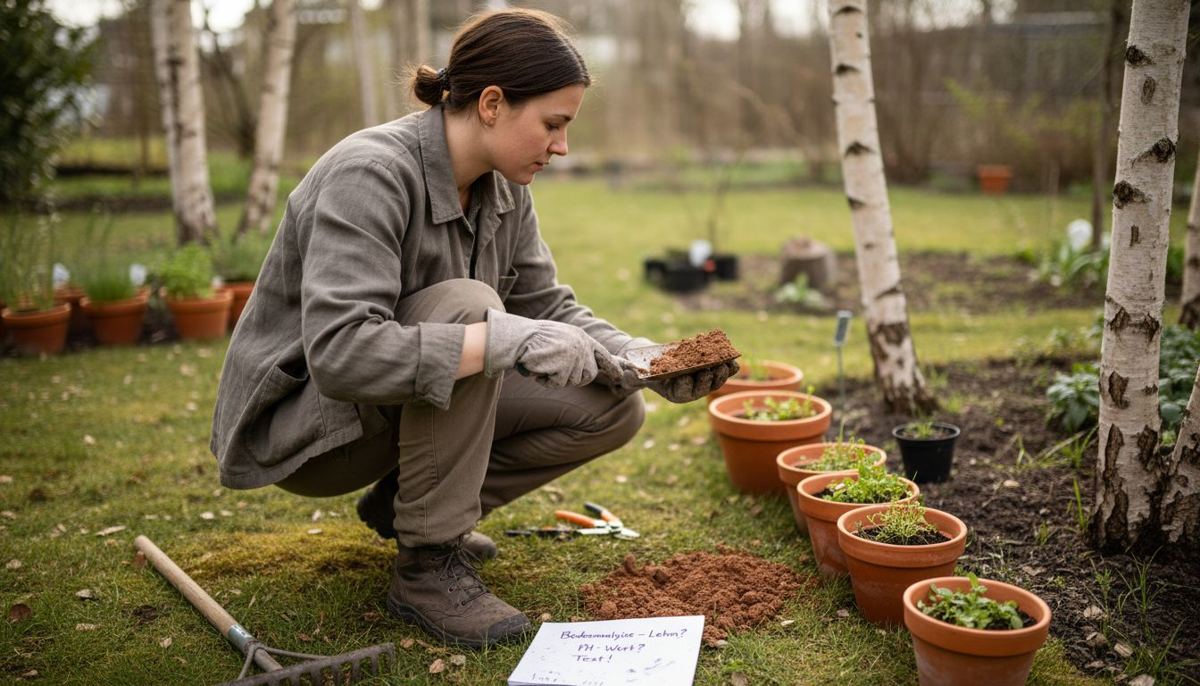 Eine Frau begutachtet den Boden in ihrem skandinavisch gestalteten Garten.