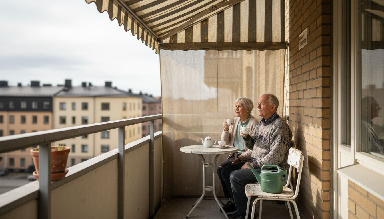 Pariskunta nauttii parvekkeellaan, jossa heillä on markiisilla ja parvekelasilla suojattu oleskelutila.