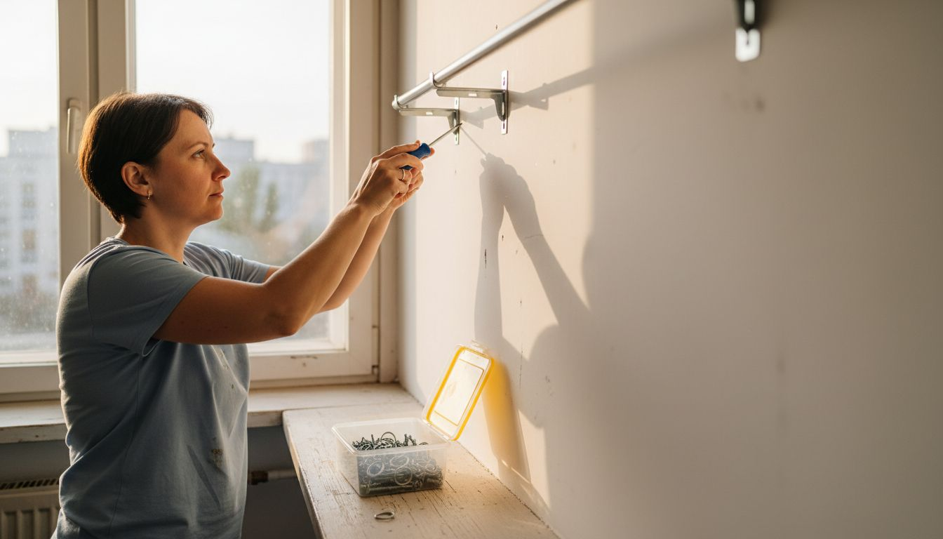 Nainen kiinnittämässä verhotankoa asunnon ikkunan yläpuolelle.