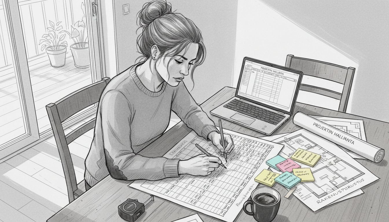 Rakennusprojektin projektipäällikkö laatii kotonaan aikataulua tuleville työvaiheille.