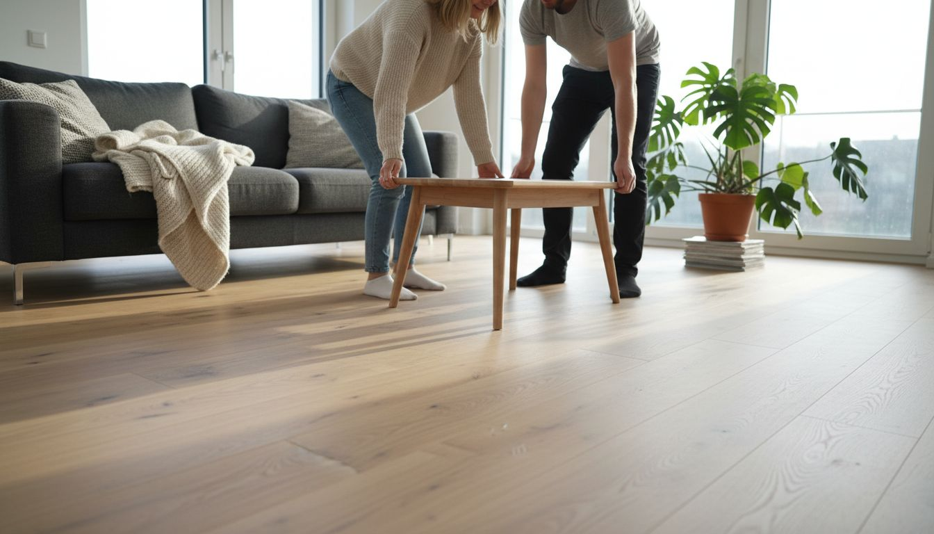 Wohnzimmer im skandinavischen Stil mit hochwertigem Laminatboden