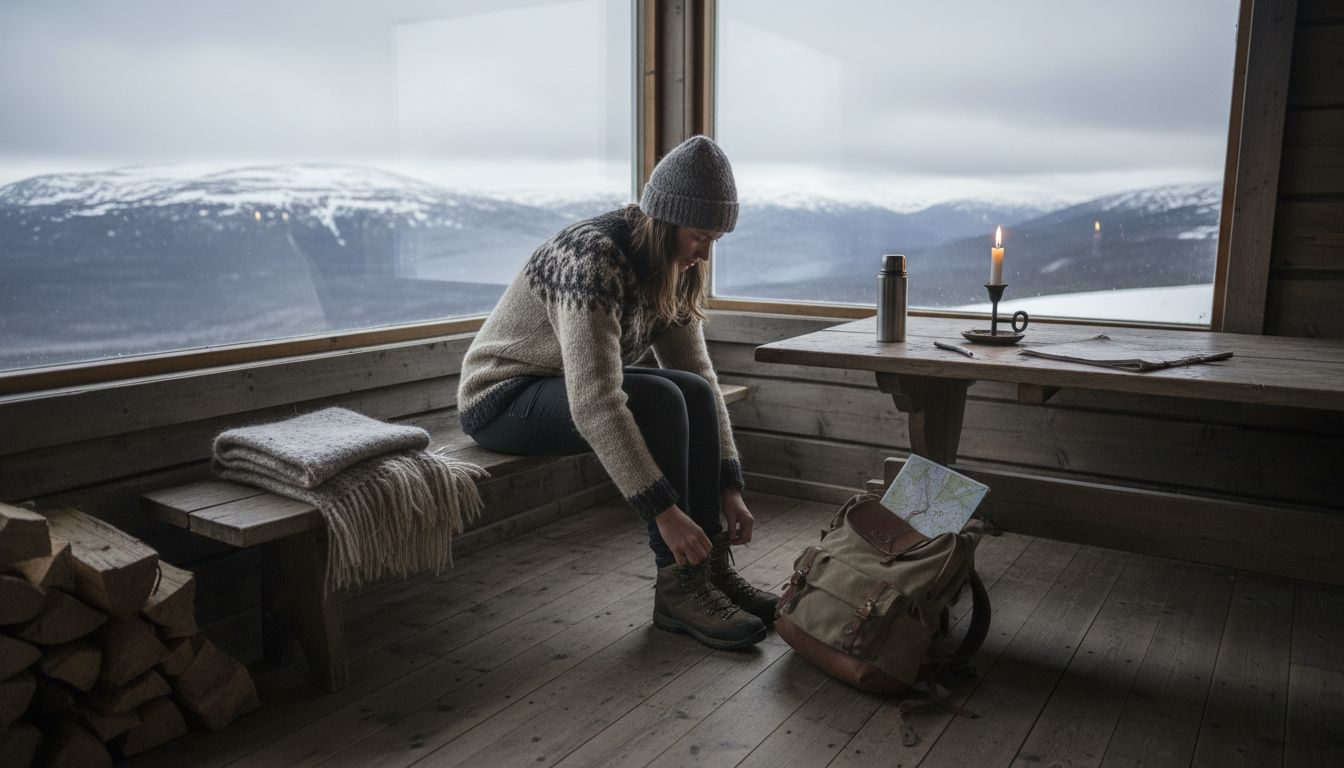 Stilren och avskalad inredning i fjällstugan ger plats för naturen att ta för sig. Med enkla möbler, ljusa färger och naturliga material skapas en lugn atmosfär där fjällens ro får stå i centrum.