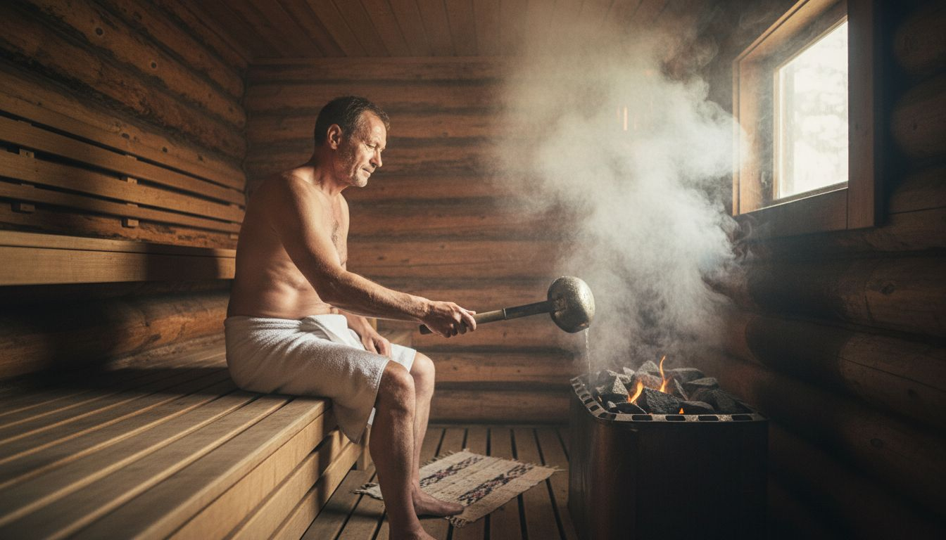 Person using log sauna for health benefits