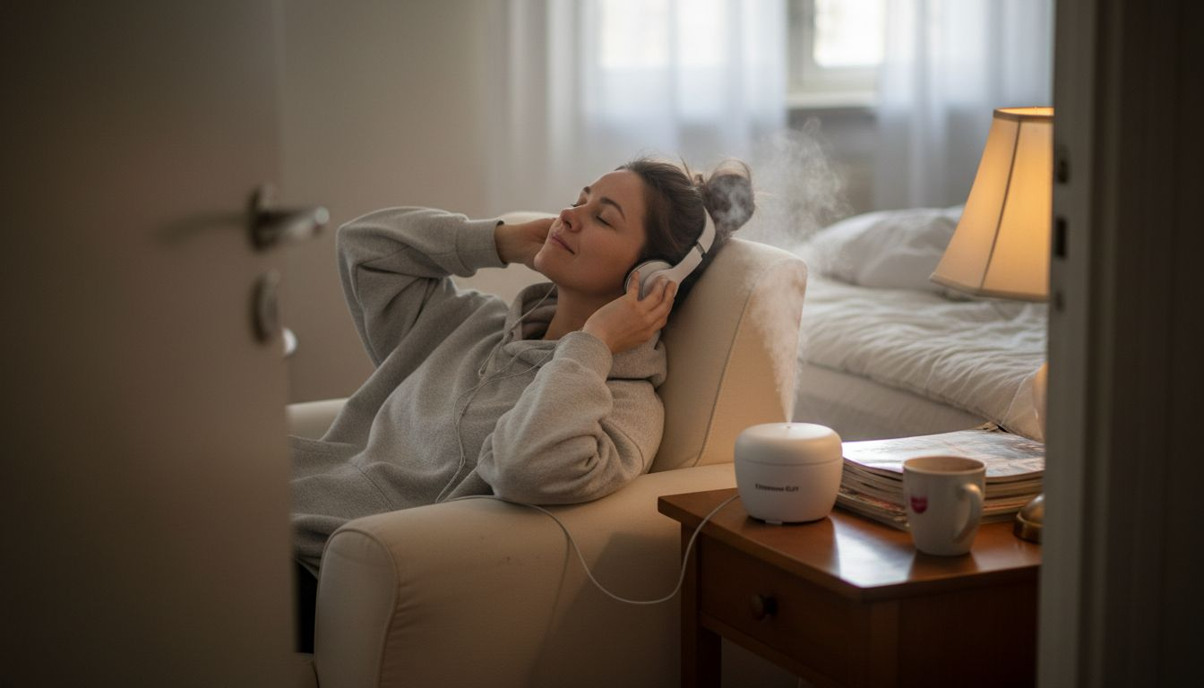 Nainen rentoutuu omassa rauhassaan, turvallisessa ja viihtyisässä ympäristössä.