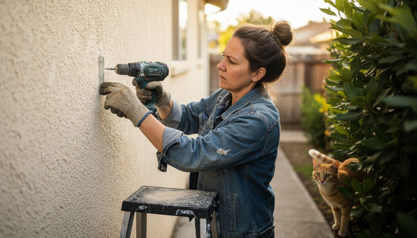 Nainen kiinnittää markiisin kannatinta talon seinään.
