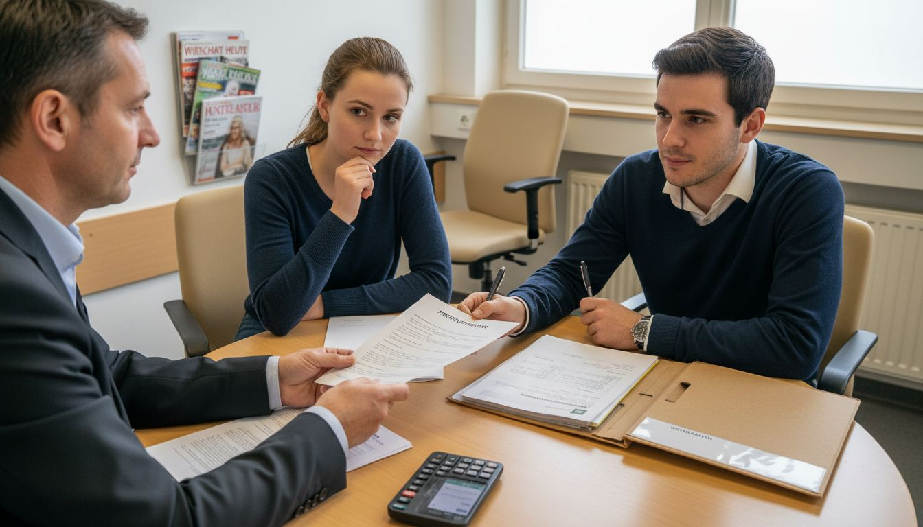 Beratungsgespräch zur Finanzierung in einer kleinen Bankfiliale