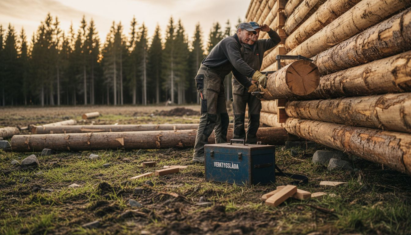På byggarbetsplatsen sätter hantverkarna ihop ett timmerhus.
