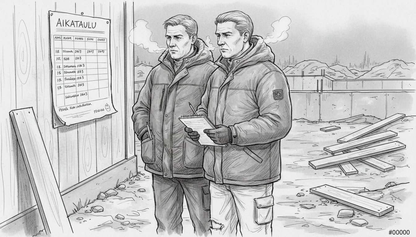 Työmaan työnjohtajat tarkastelevat ulkona aikatauluseinää ja suunnittelevat päivän töitä.