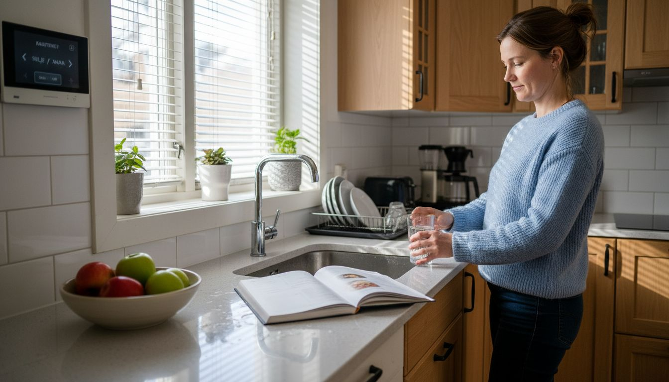 Nainen keittiössä ohjaamassa älyverhoja