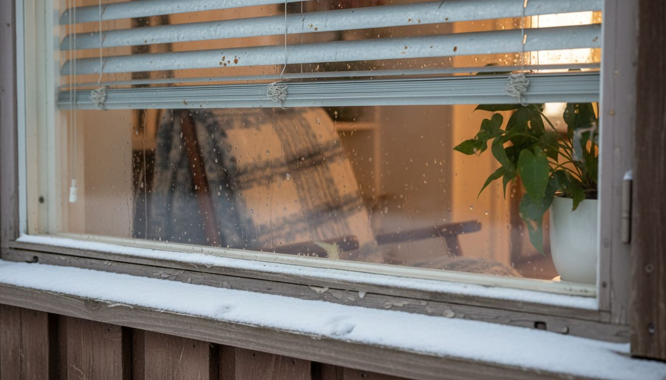 Talvinen talon ikkuna, jonka edessä on ulkokaihtimet ja lunta kinostunut ikkunalaudalle.