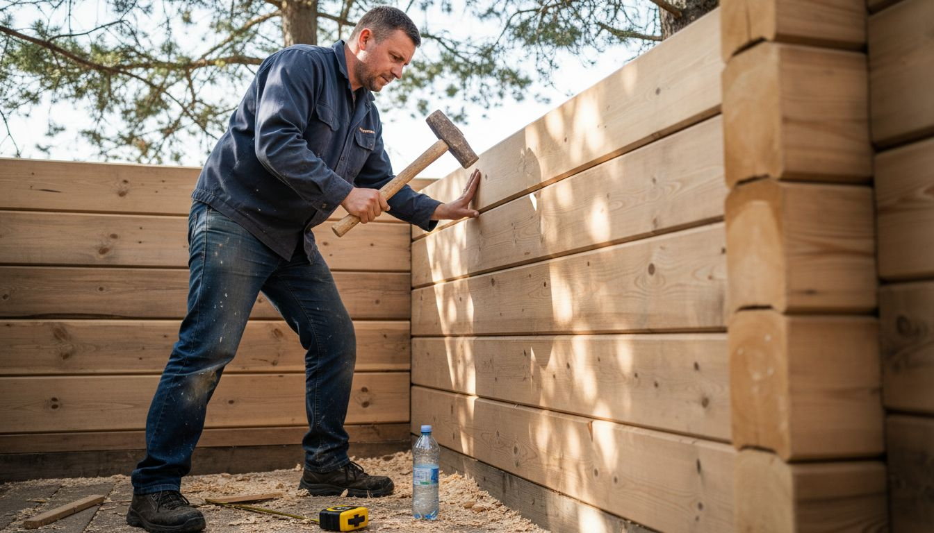 Ein Handwerker errichtet eine Sauna aus massiven Holzbohlen.