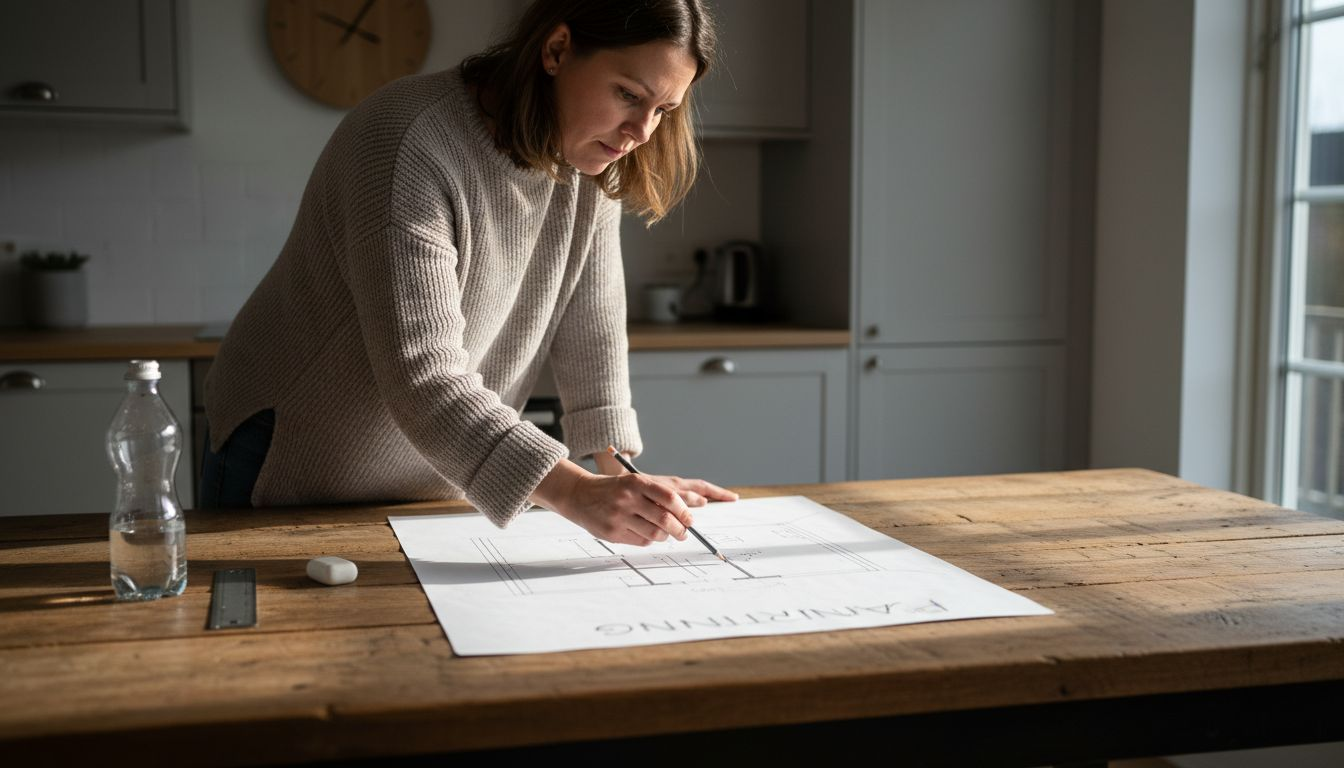Hemma vid köksbordet sitter en kvinna och ritar upp planlösningen för sitt framtida timmerhus.