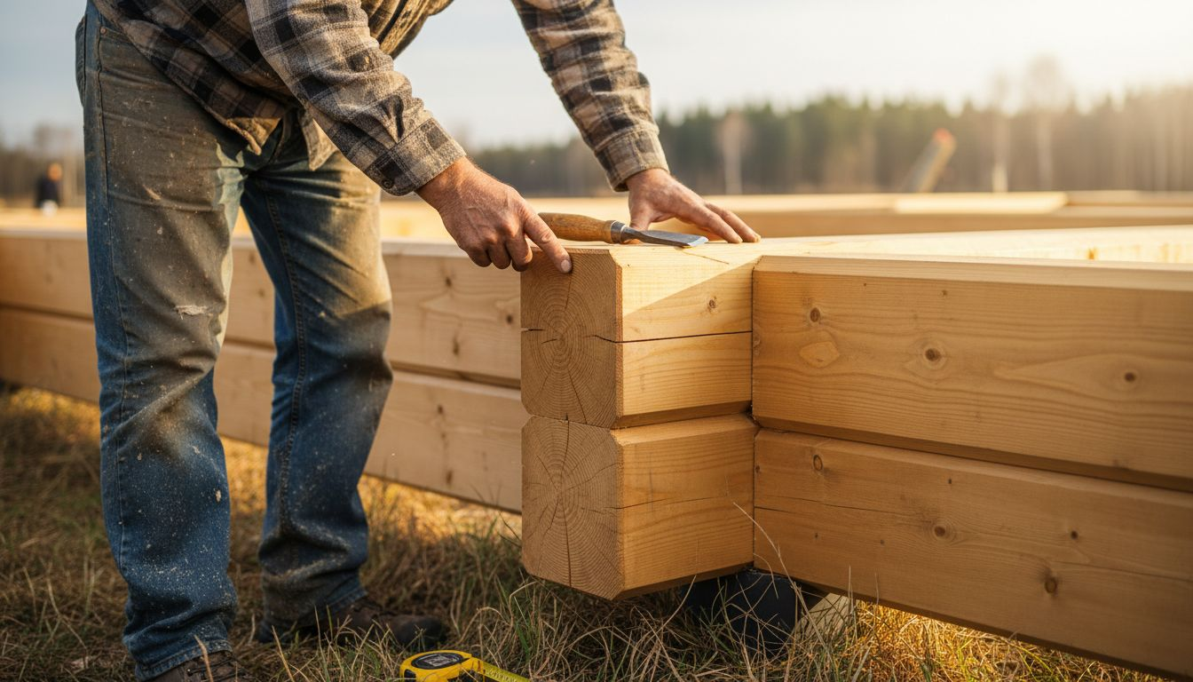 Squared log cabin joint with craftsman inspecting