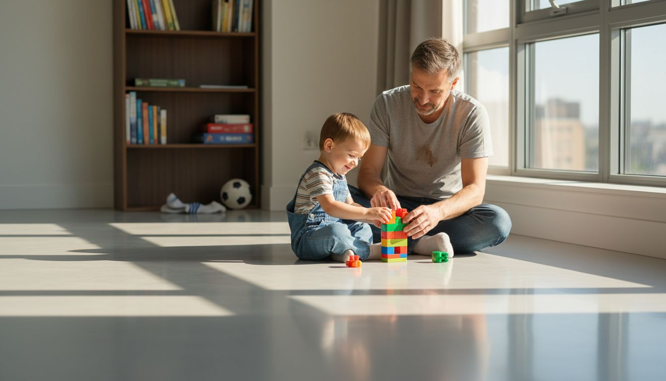 Eine Familie genießt gemeinsam spielerische Momente auf dem glatten Vinylboden.