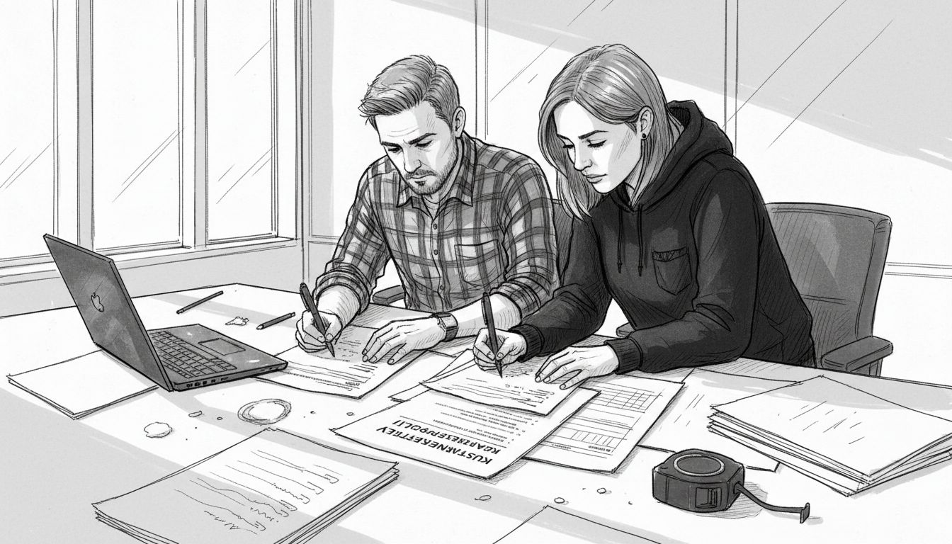 Työkaverit käyvät yhdessä läpi rakennusprojektin kustannuserittelyä.