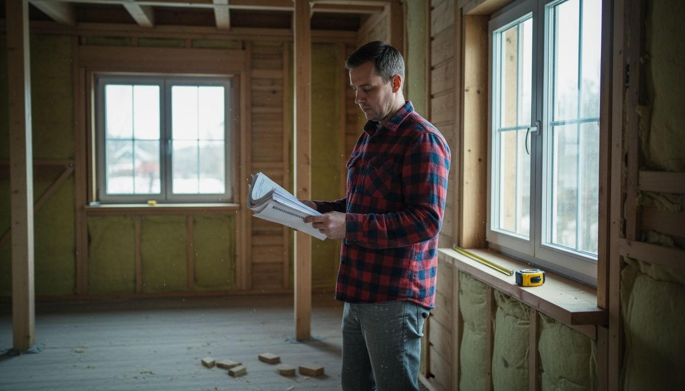 Der Bauleiter nimmt die Energieeffizienz des Blockhauses genau unter die Lupe.