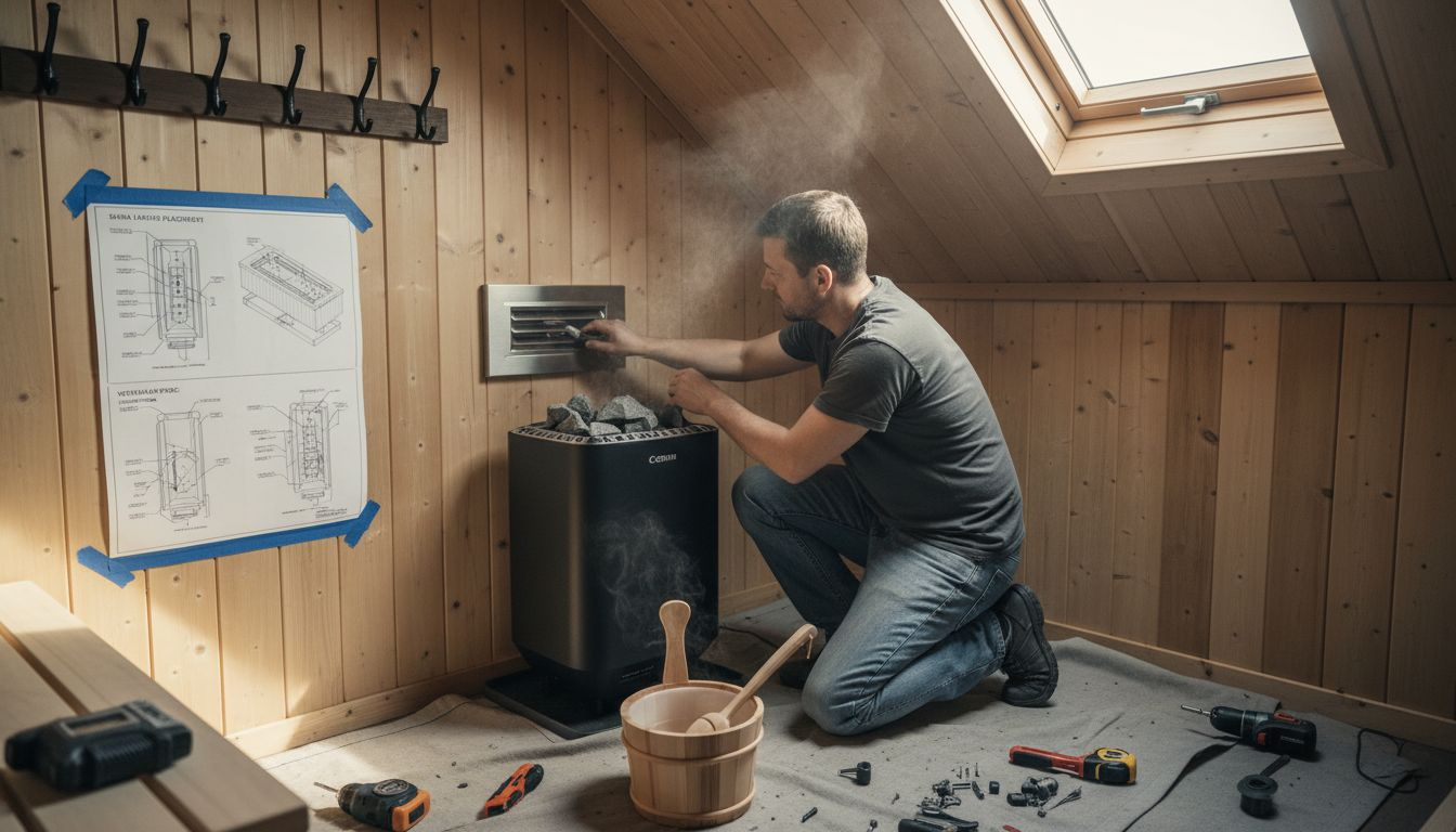 Installer adjusting custom sauna ventilation