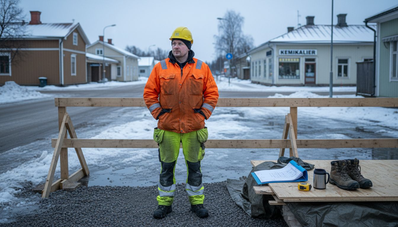 Byggjobbare som sliter på ett vinterkallt bygge i en finsk småstad