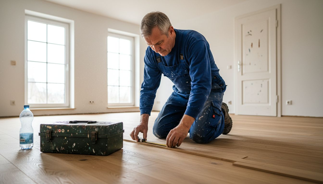 Ein Bodenleger begutachtet die Fugen im Parkettboden des Wohnzimmers.