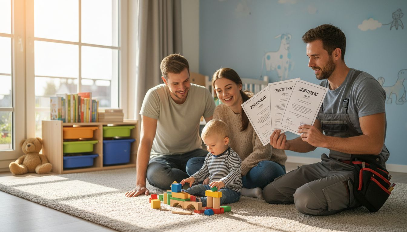 Ein Handwerker erklärt im Kinderzimmer, wofür seine Zertifikate stehen.