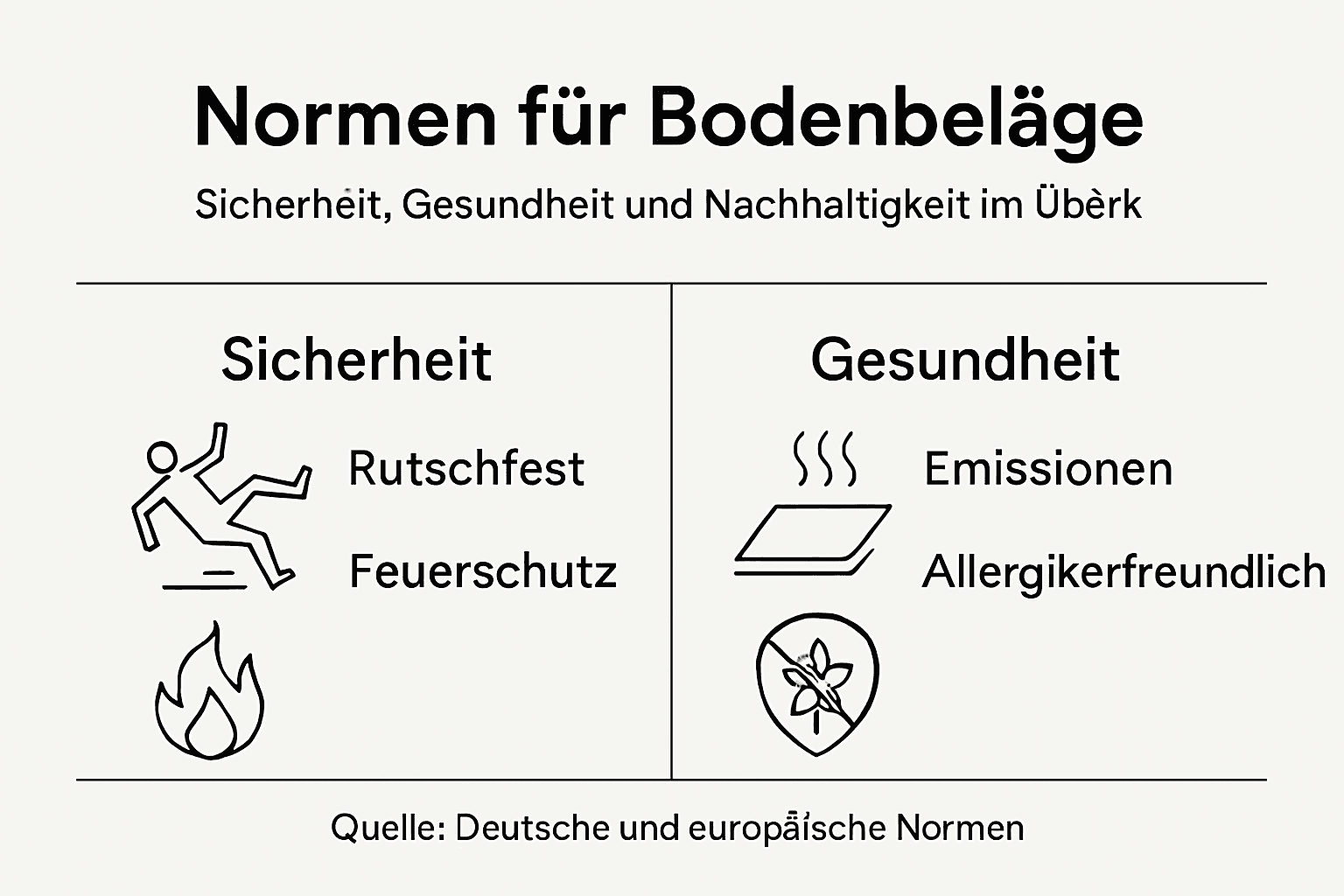 Übersichtliche Infografik zu den wichtigsten Normen für Bodenbeläge – kompakt zusammengefasst in Stichpunkten.