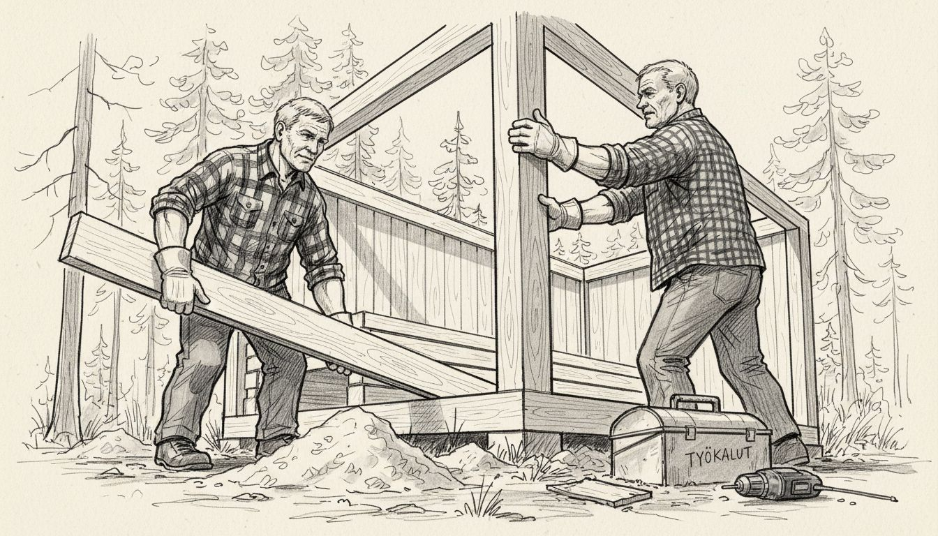 Puusepät kokoavat ulkona uuden saunan runkoa.