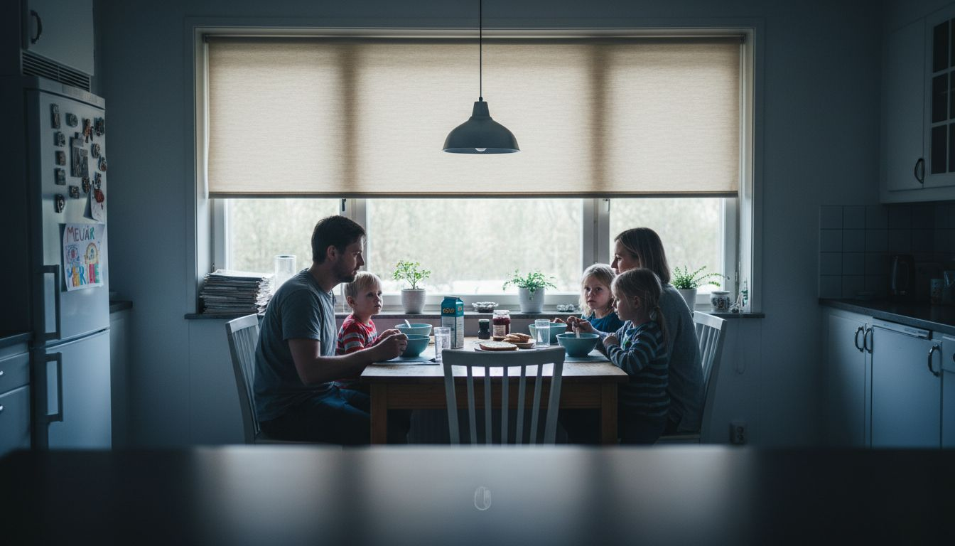 Perhe nauttii aamiaista olohuoneessa, verhot tiukasti kiinni.