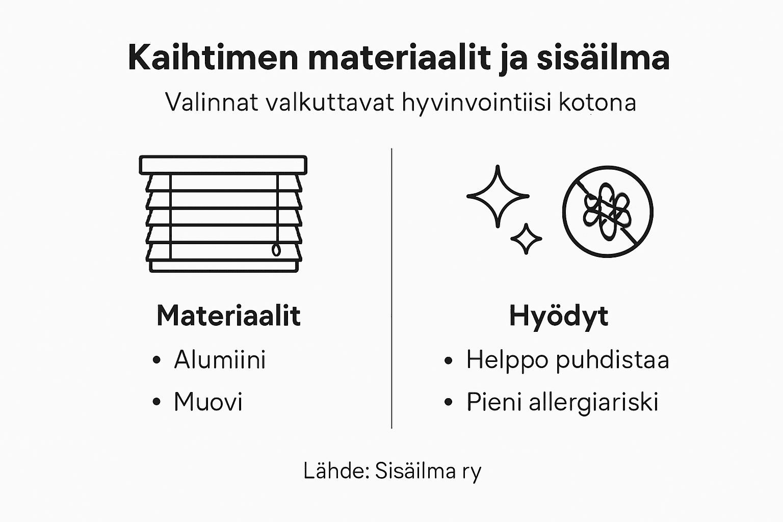 Kuvallinen tietopaketti kaihdinmateriaaleista ja niiden vaikutuksesta sisäilmaan