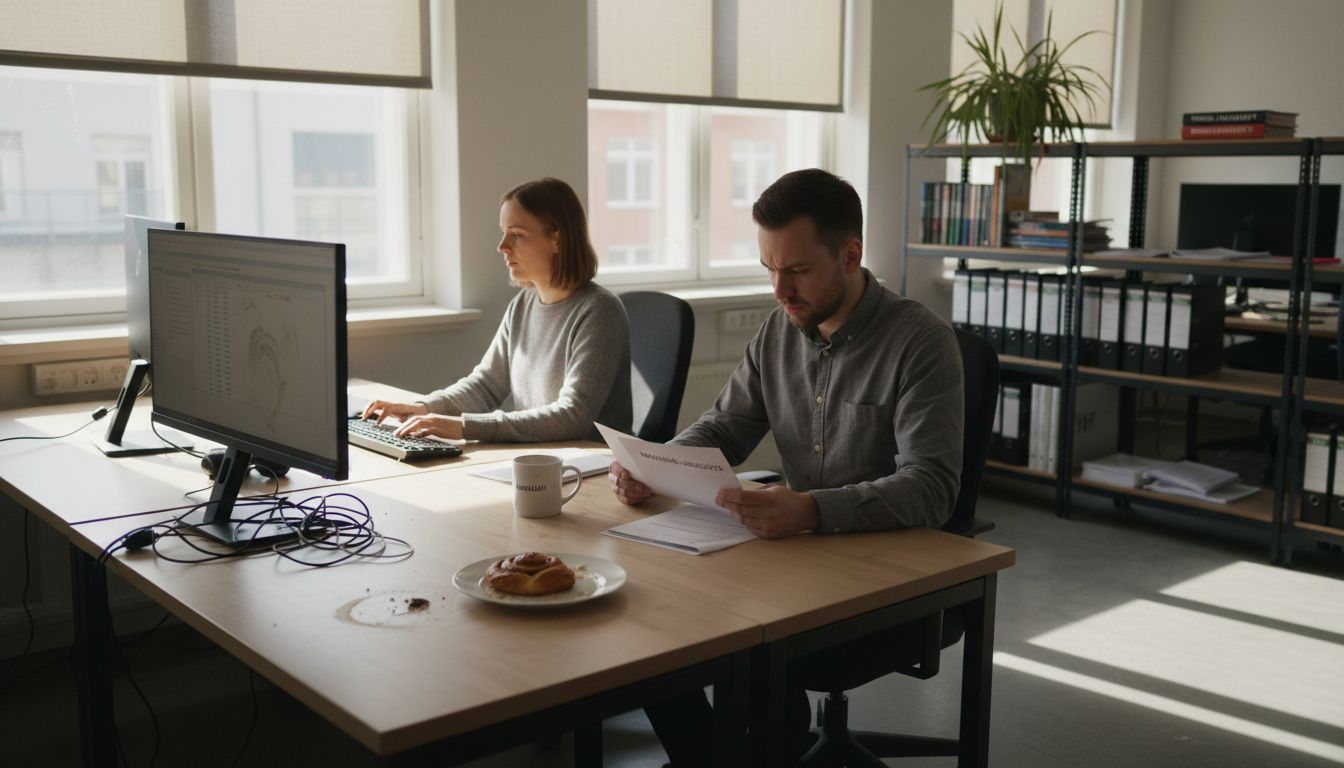 Toimistotyöntekijät käyttävät näytön suojia työpisteillään.