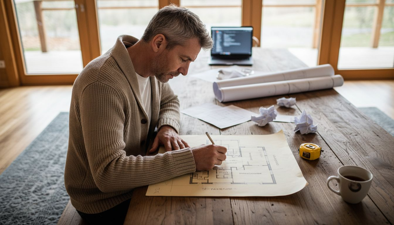 Ein Architekt entwirft am Tisch mit freier Hand den Grundriss eines Holzhauses.