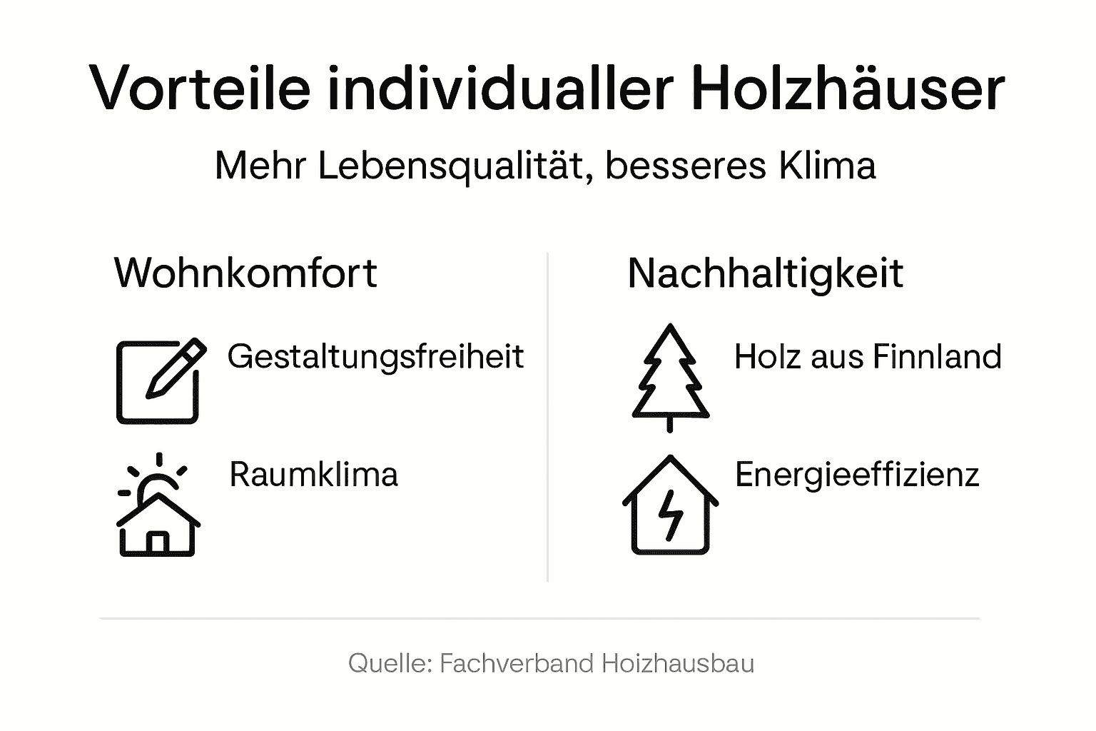 Infografik: Warum ein Holzhaus überzeugt – Wohnkomfort und Nachhaltigkeit auf einen Blick