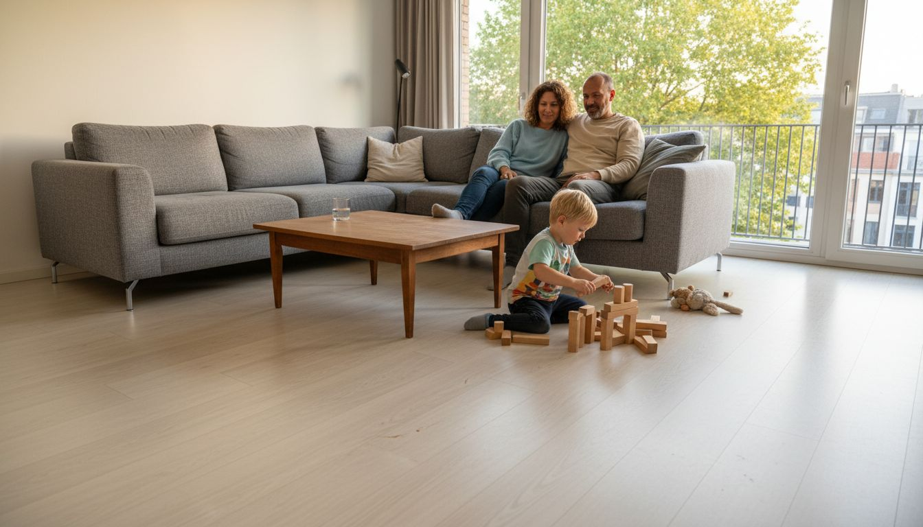 Im Wohnzimmer setzt die Familie auf einen modernen Designboden.