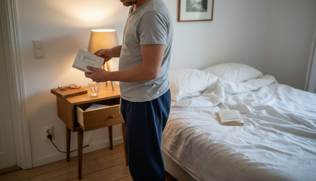 Mies pohtii makuuhuoneessaan, minkä hyvinvointituotteen valitsisi itselleen.