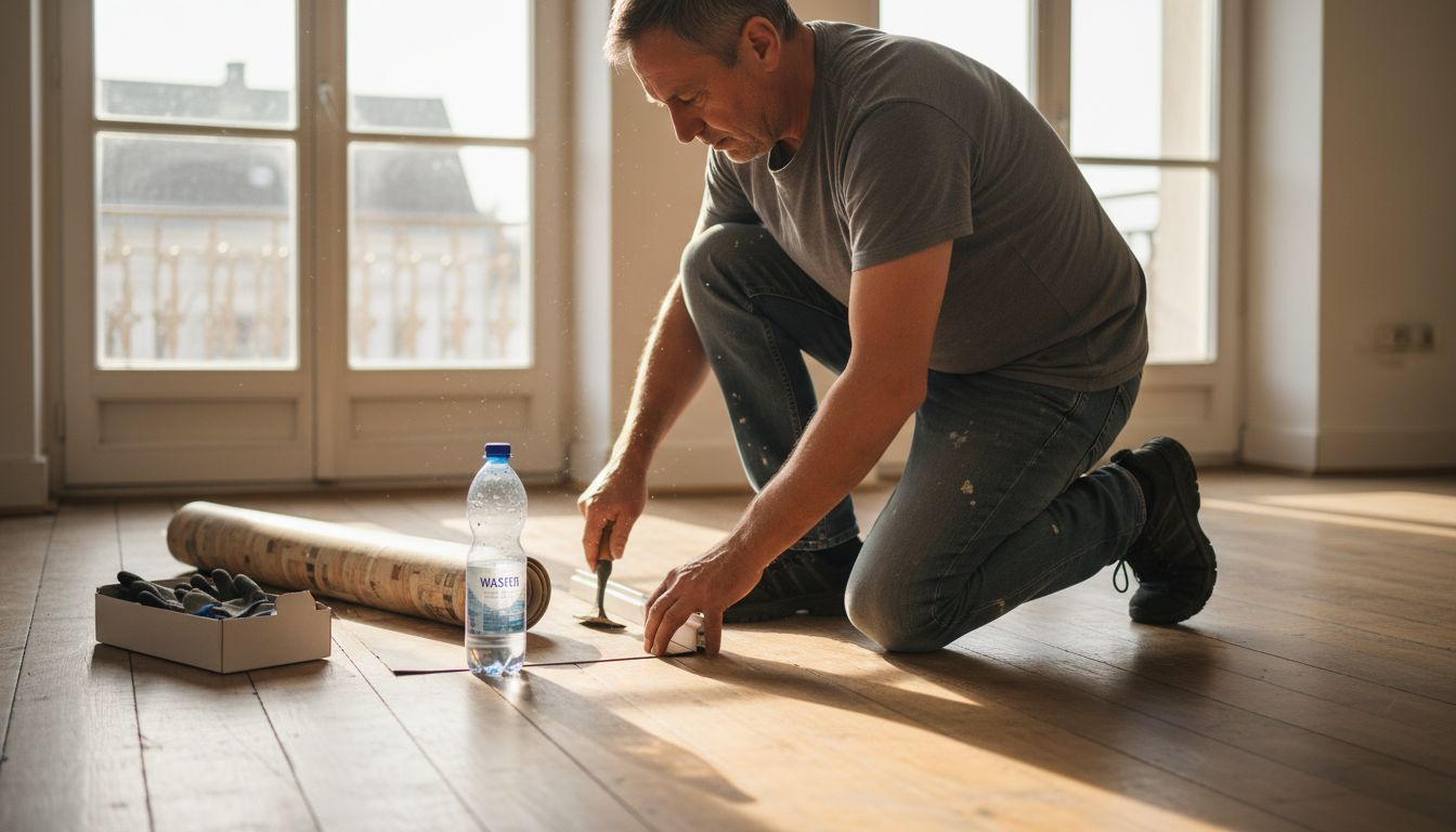 Schritt für Schritt verleiht ein Heimwerker seinem alten Wohnzimmerboden neuen Glanz.