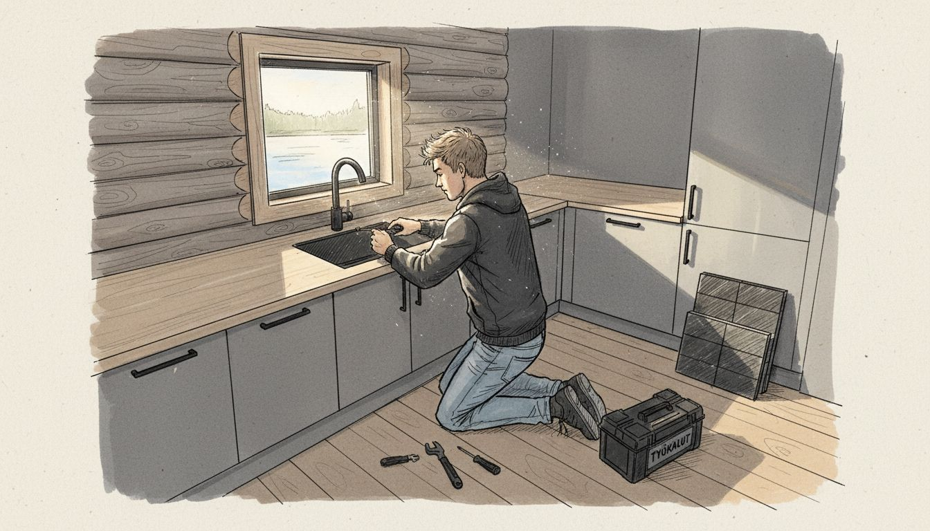 Mies asentamassa keittiökalusteita mökillä