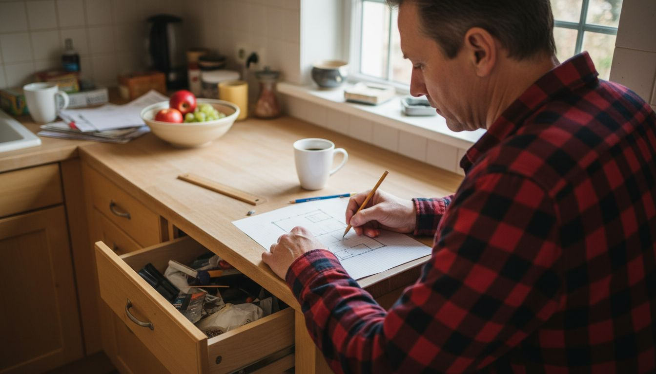 Ein Mann entwirft mit Bleistift den Grundriss eines Hauses auf Papier.