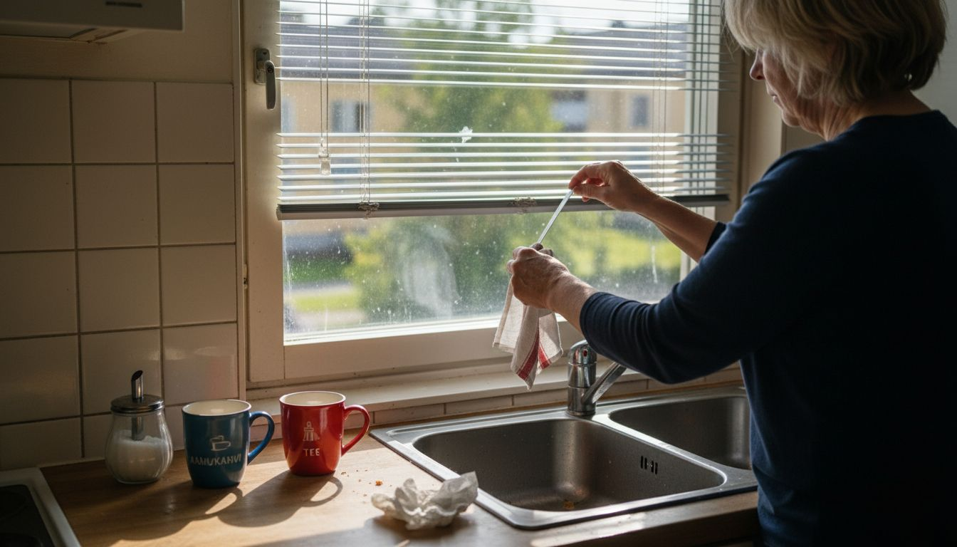 Nainen säätää keittiön sälekaihtimia