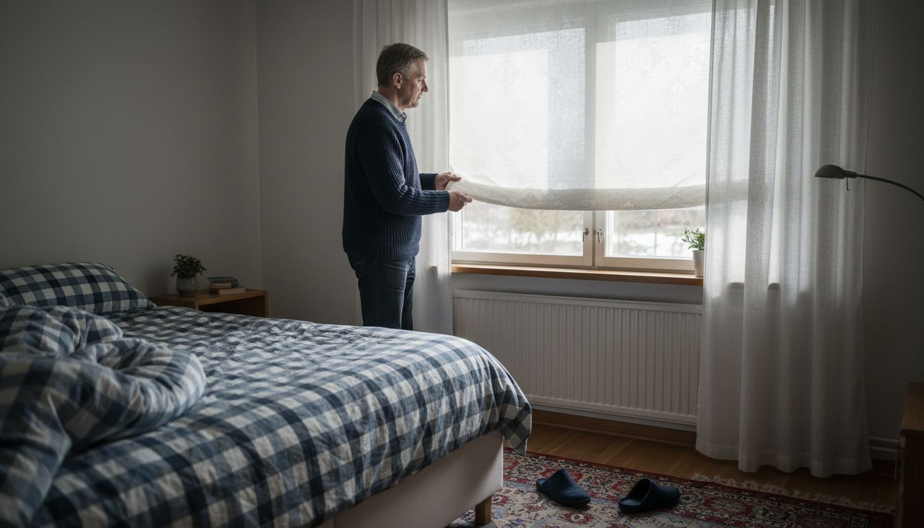 Mies säätämässä makuuhuoneen valaistusta rullaverholla