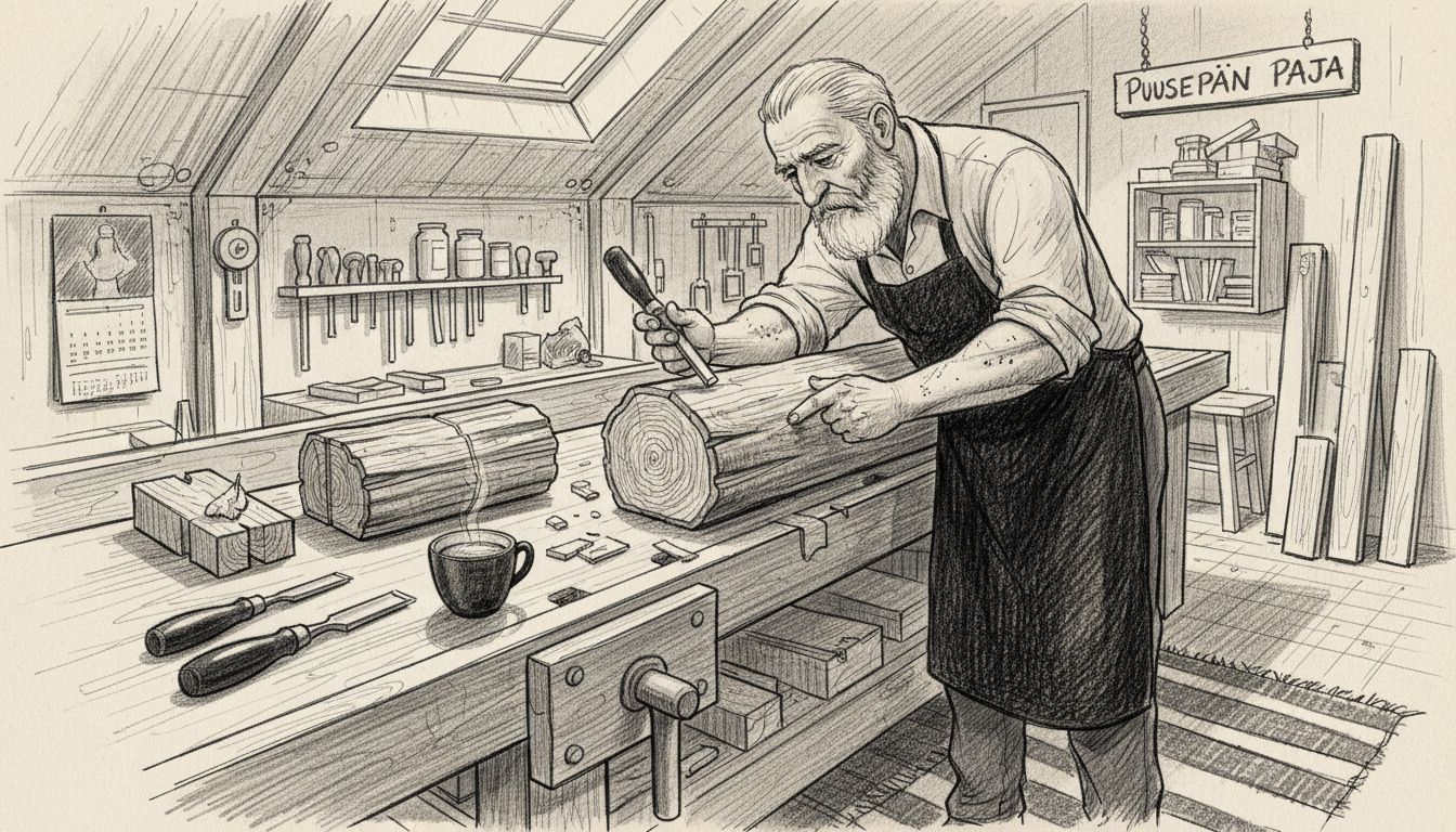 Puuseppä tutkii erilaisia puulajeja työpöydällään ja arvioi niiden ominaisuuksia.