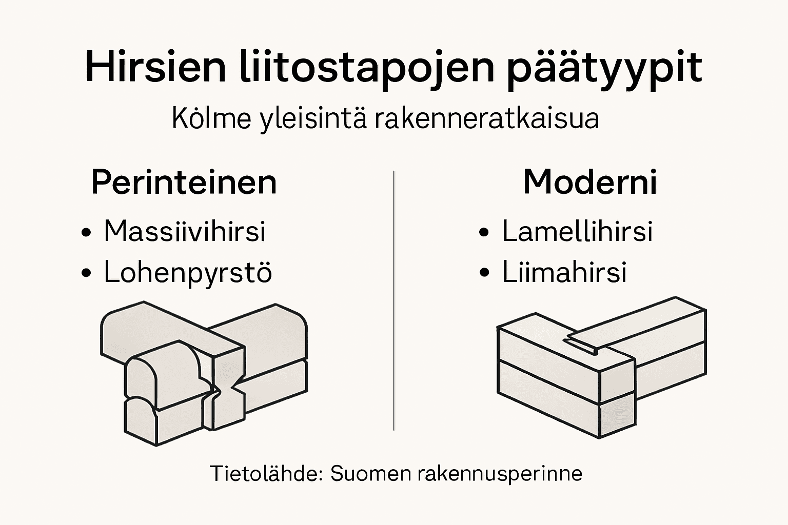 Kuvallinen opas hirsirakenteiden yleisimmistä tyypeistä ja liitosratkaisuista