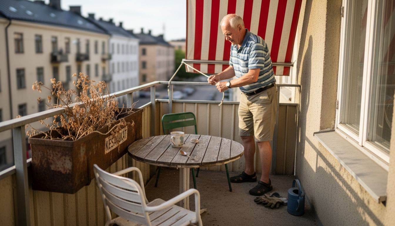 Mies asentamassa markiisia helsinkiläisen kerrostaloasunnon parvekkeelle.