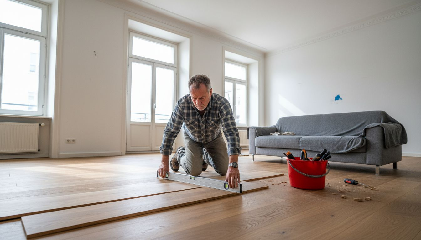 Ein Fachmann für Bodenbeläge begutachtet den Holzboden im Wohnzimmer.