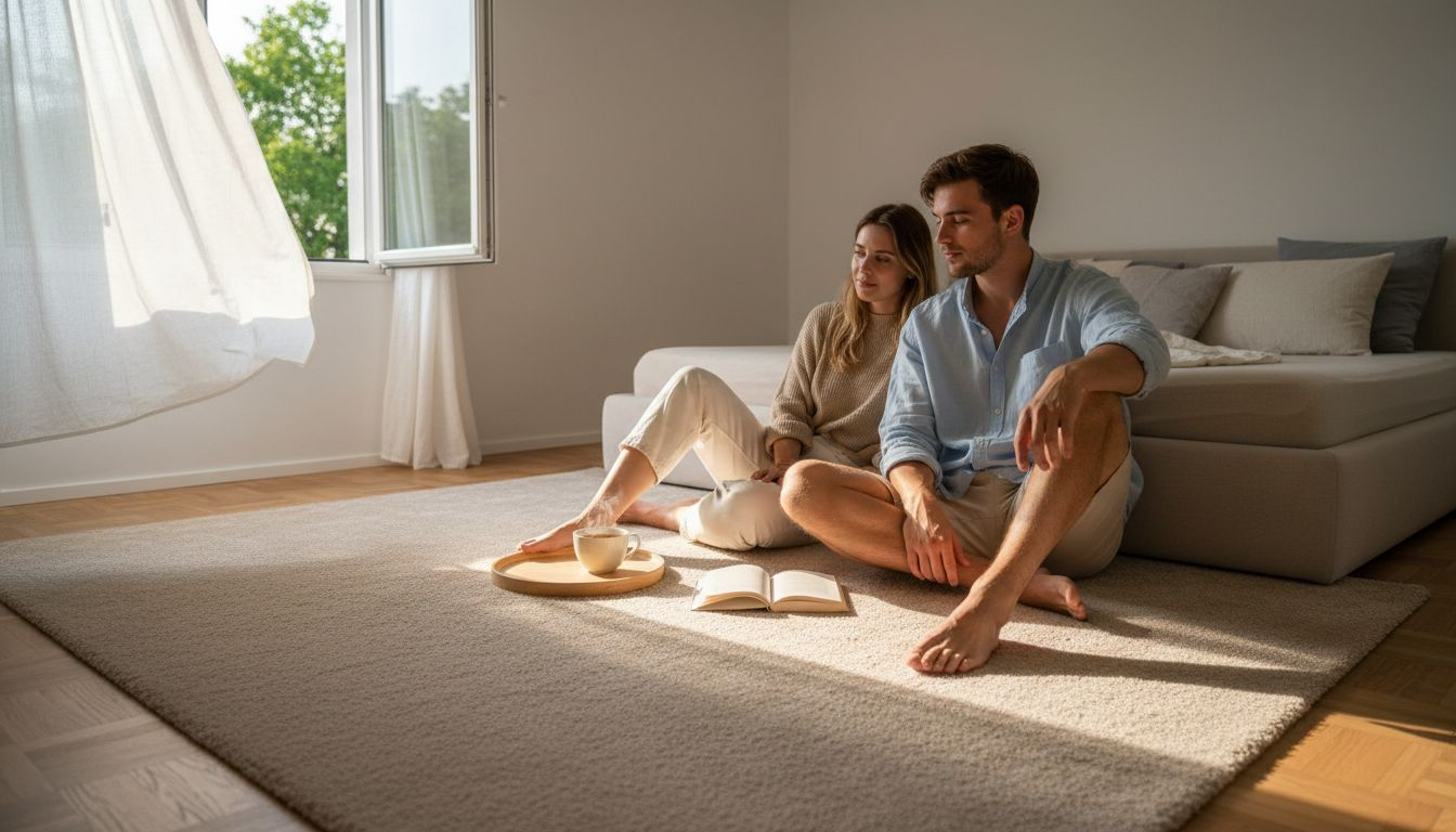 Ein Paar genießt die entspannte Atmosphäre auf dem frisch renovierten Schlafzimmerboden.