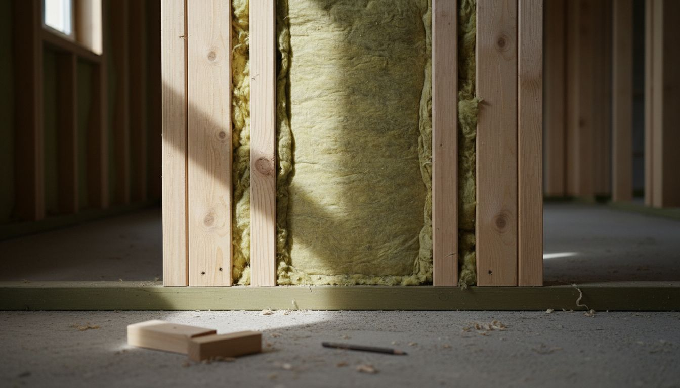 Detailansicht einer Holzständerwand mit eingebauter Dämmung