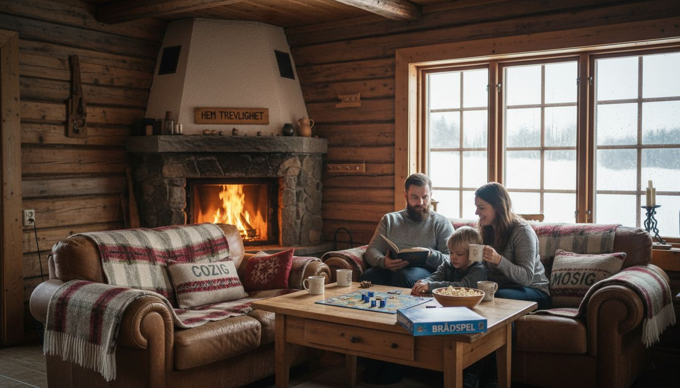 En familj njuter av gemenskapen i en mysig, välisolerad stuga med varm och ombonad inredning.