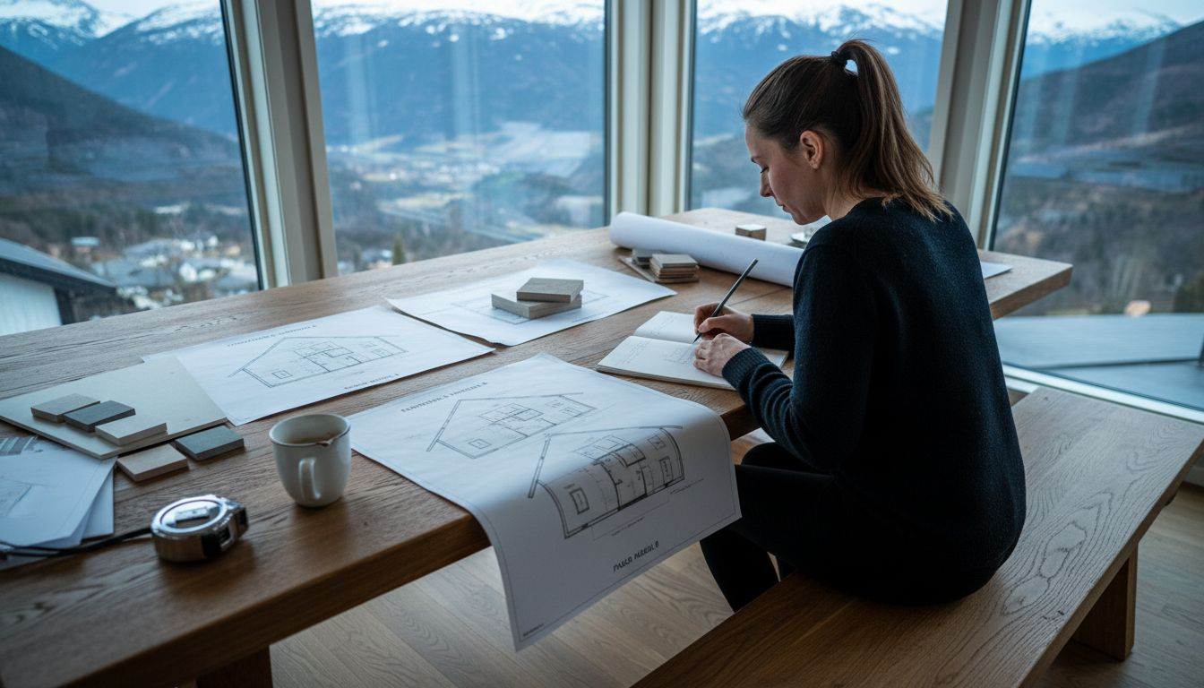 En kvinne ser gjennom skisser og vurderer ulike materialer til hytta.