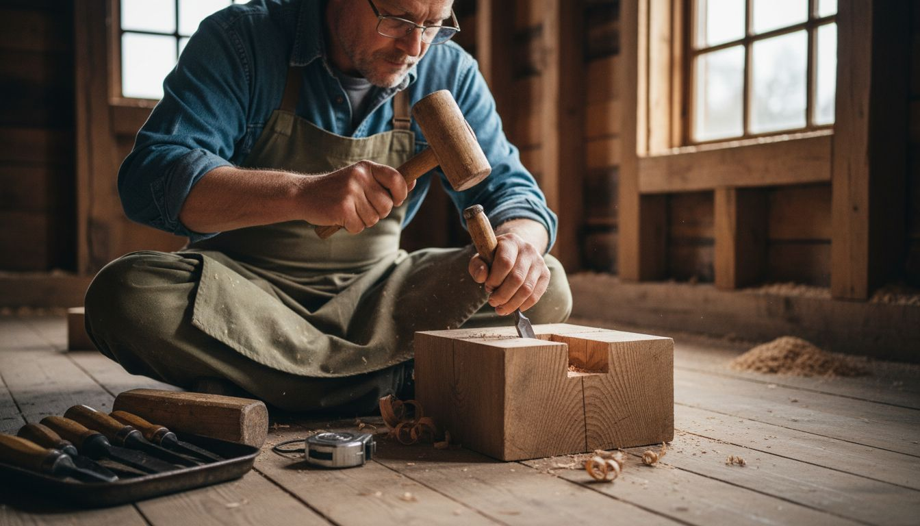 Artisan chiseling timber joint in cottage
