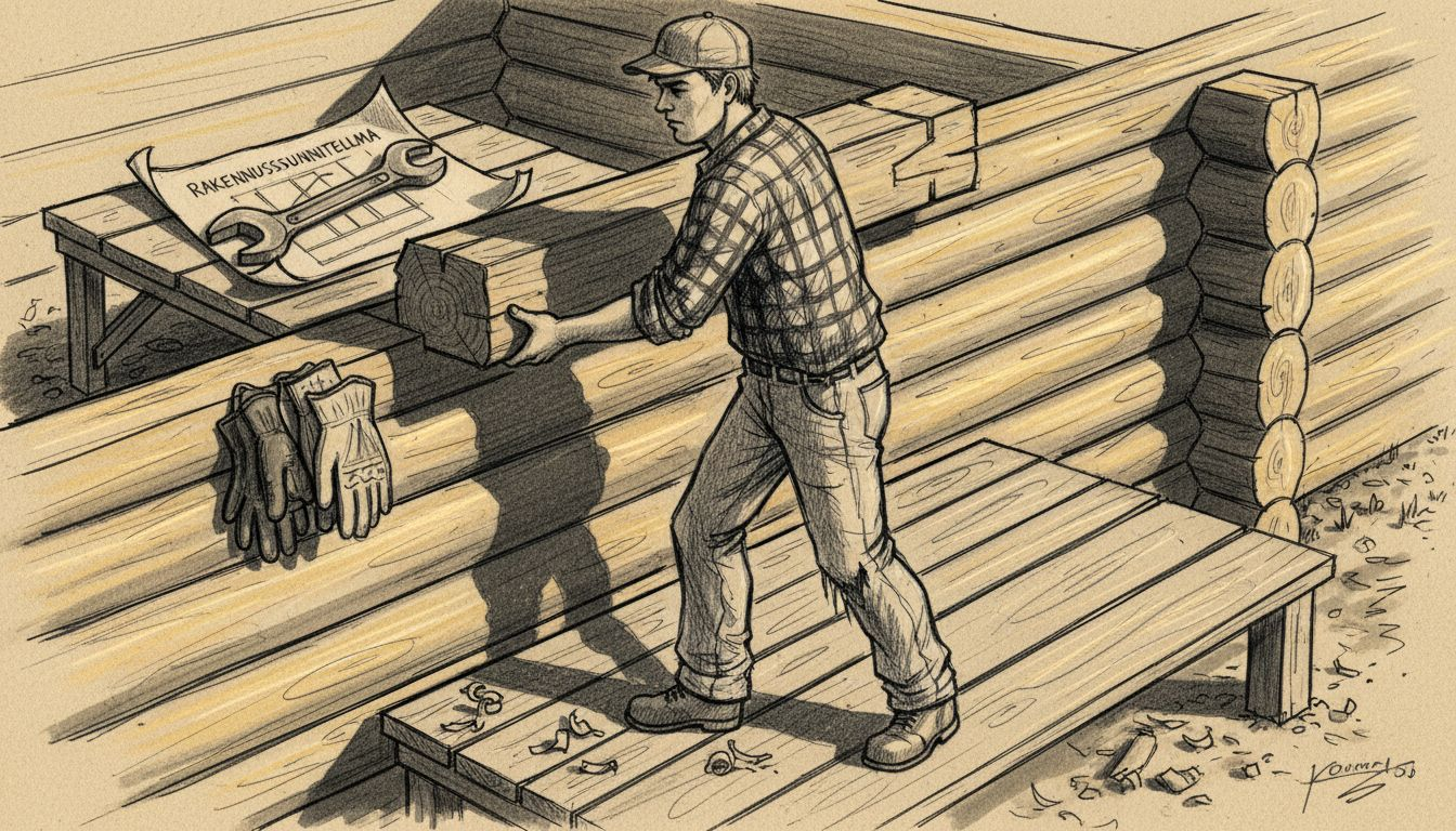 Kirvesmies asentaa hirsipalkkia seinälle.