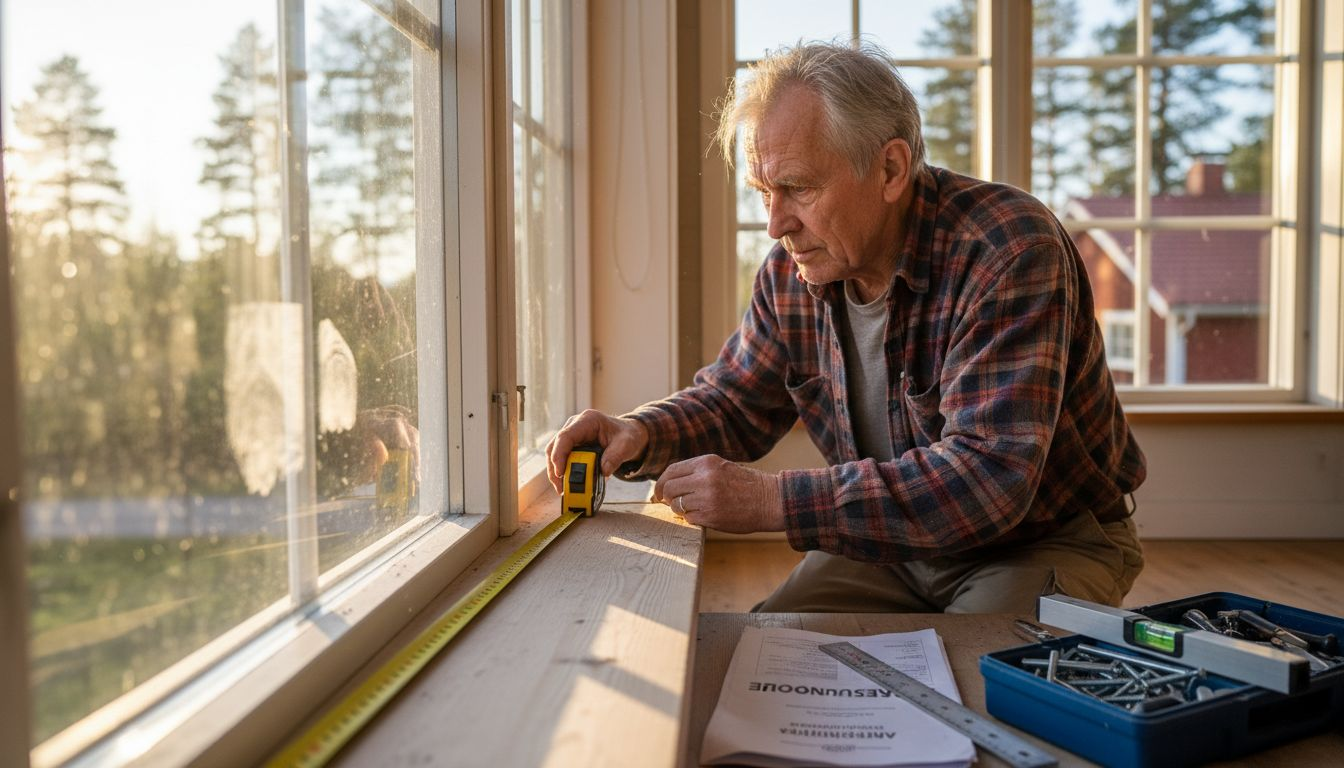 Mies mittailee ikkunaa auringonsuojaratkaisuja varten.